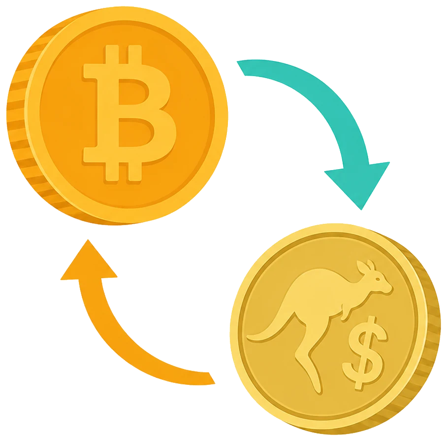 Illustration of crypto coins converting to Australian dollars through exchange arrows
