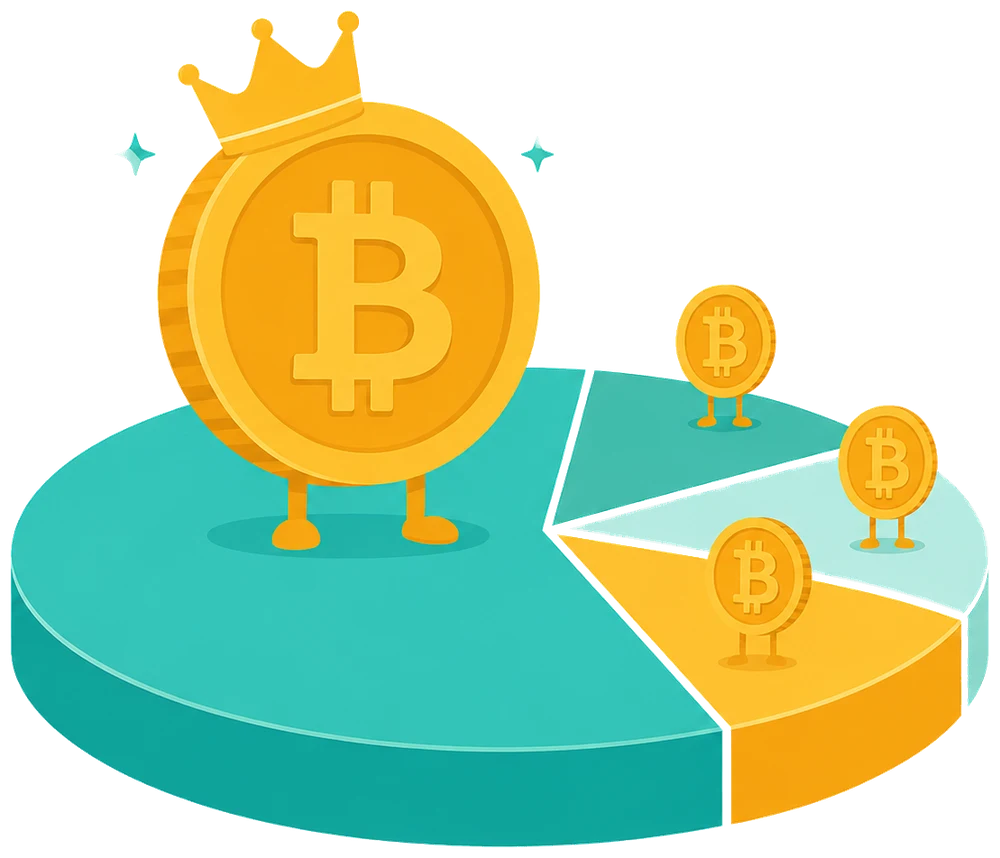Illustration of a large Bitcoin towering over smaller altcoins on a chart