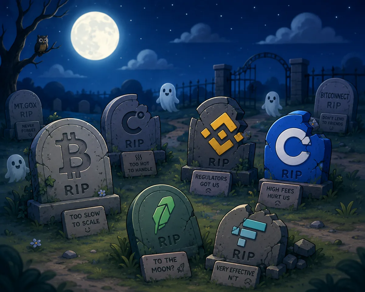 Illustration of moonlit gravestones marked with fallen crypto exchange logos