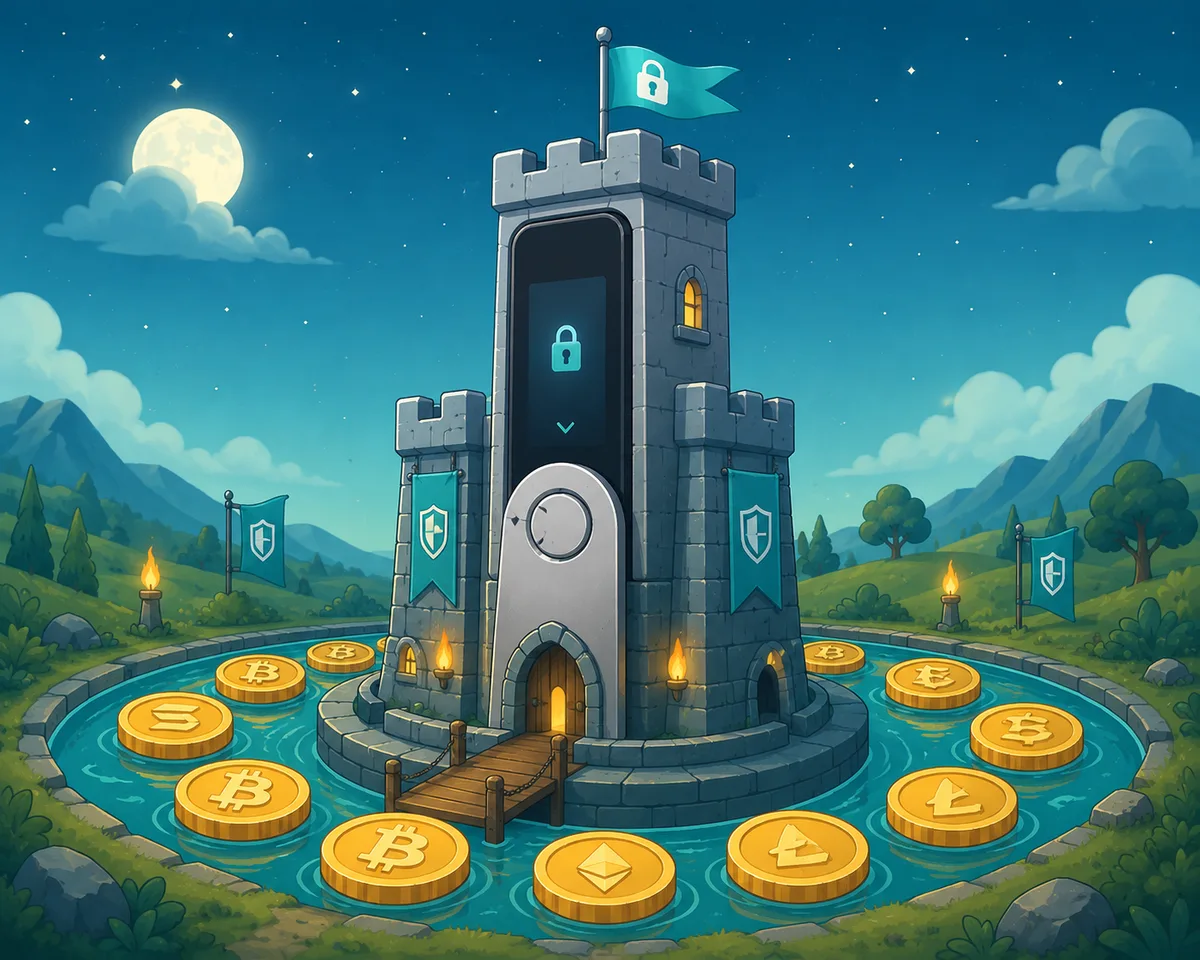 Illustration of a hardware wallet device guarding crypto keys offline