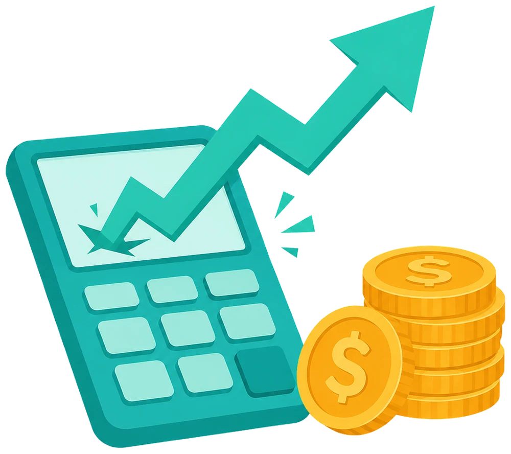 Illustration of a calculator and rising profit chart with coins