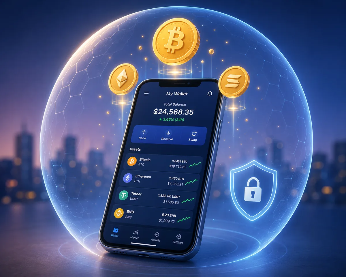 Illustration of a phone running a software wallet app with crypto balances
