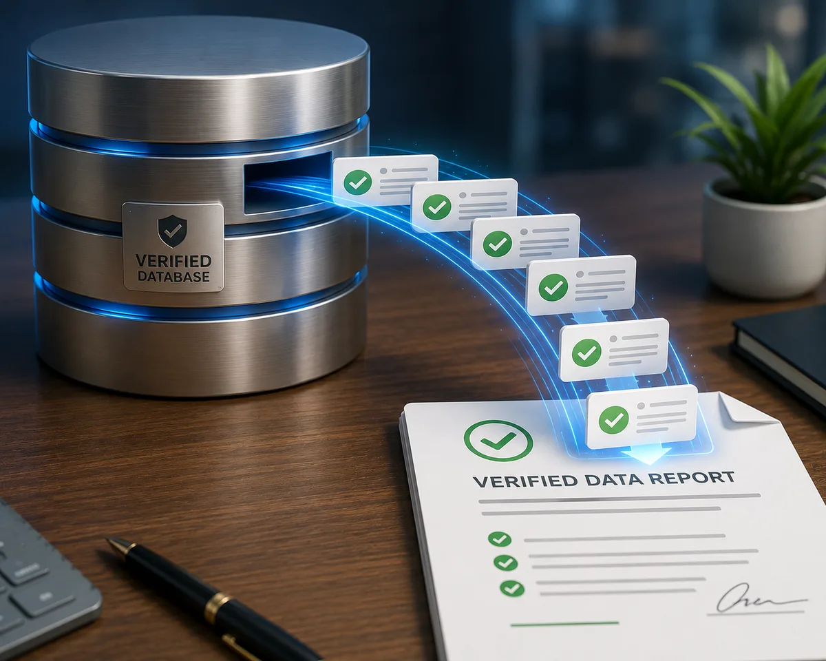 Illustration of data flowing from official sources into a verified fact database